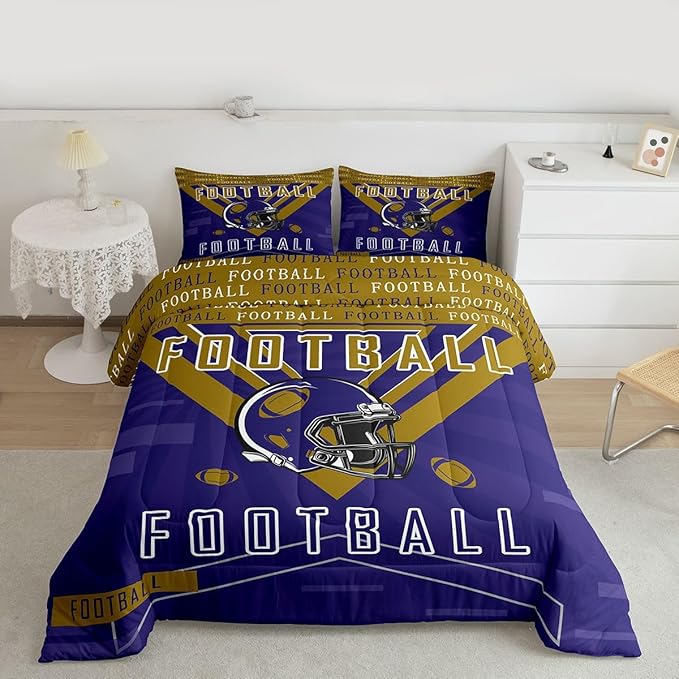 Feelyou Football Bedding Set Boys Girls Twin Size Comforter Set Sports Themed Women Men Rugby Sport Duvet Quilt Football City Purple Brown Room Decor