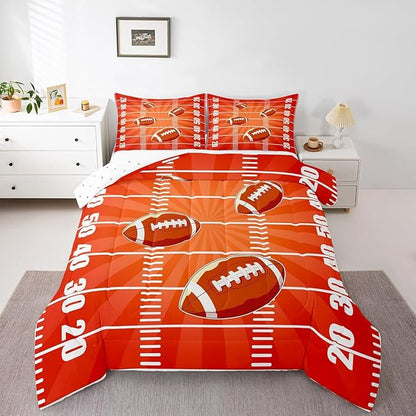Feelyou Rugby Comforter Set Queen Size Football Comforter for Boys Girls Teens Sports Games Bedding Set Soccer Ball Game Duvet Set Room Decor Dark Orange Quilt Set