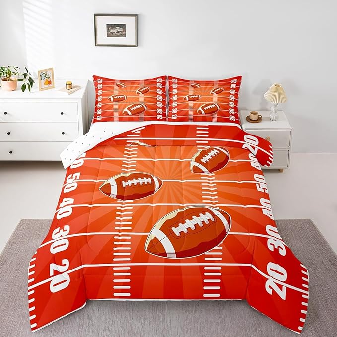 Feelyou Rugby Comforter Set Toddler Size Football Comforter for Boys Girls Teens Sports Games Bedding Set Soccer Ball Game Duvet Set Room Decor Dark Orange Quilt Set