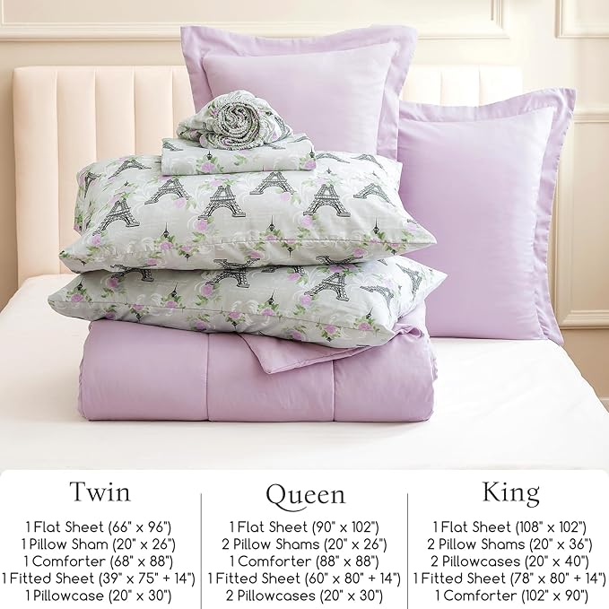 ARTALL Queen Bed in a Bag 7 Pieces, Light Purple Solid Comforter with Eiffel Tower Floral Sheet Set, French Chic Style Soft Bedding Sets with Comforter, Sheets, Pillowcases & Shams for All Seasons