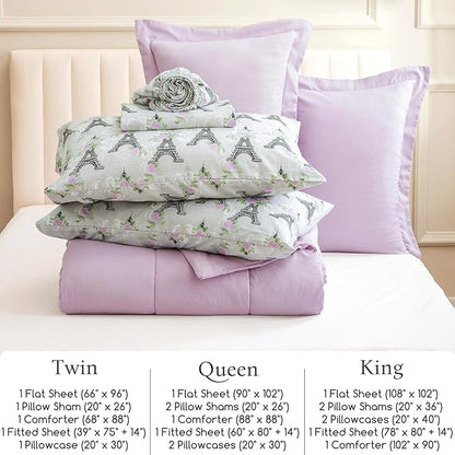 ARTALL Twin Bed in a Bag 5 Pieces, Light Purple Solid Comforter with Eiffel Tower Floral Sheet Set, French Chic Style Soft Bedding Sets with Comforter, Sheets, Pillowcase & Sham for All Seasons