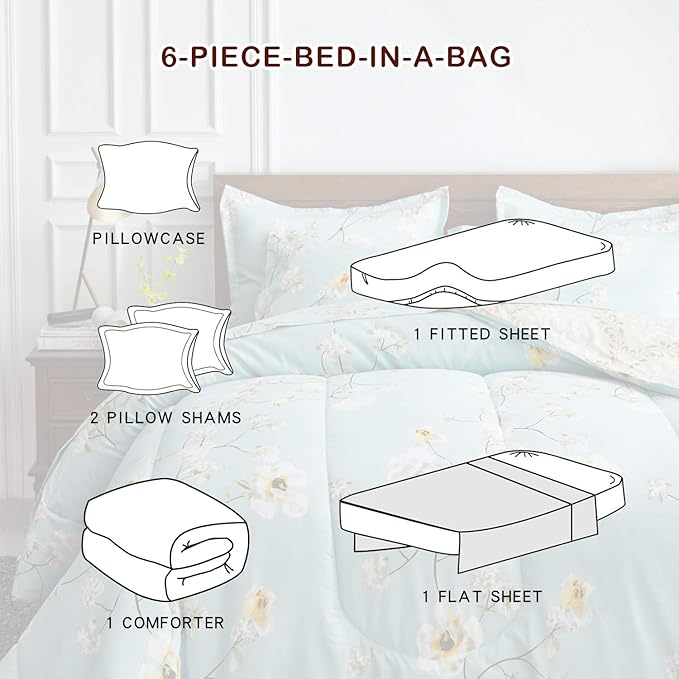 Joyreap 6 Piece Bed in a Bag Twin, Aqua Floral Elegant Design, Smooth Soft Microfiber Comforter Set for All Season (1 Comforter, 2 Pillow Shams, 1 Flat Sheet, 1 Fitted Sheet, 1 Pillowcase)