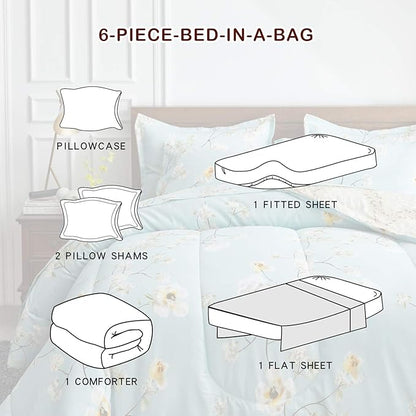Joyreap 6 Piece Bed in a Bag Twin, Aqua Floral Elegant Design, Smooth Soft Microfiber Comforter Set for All Season (1 Comforter, 2 Pillow Shams, 1 Flat Sheet, 1 Fitted Sheet, 1 Pillowcase)