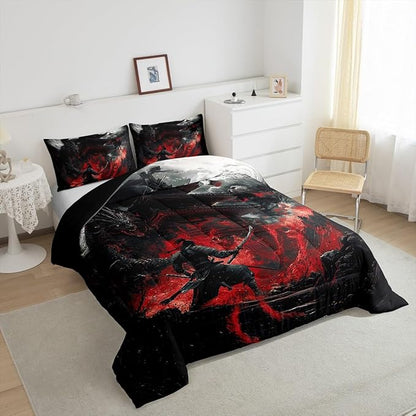 Feelyou Dragon Comforter Set Twin Size Japanese Style Comforter for Boys Girls Teens Samurai Bedding Set Dragon Decor Duvet Set Room Decor Black Red Quilt Set