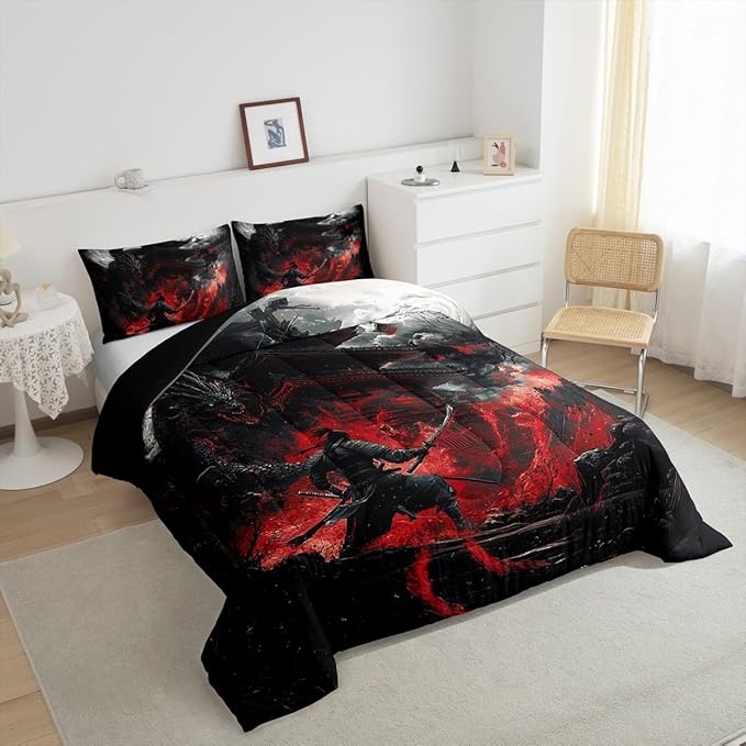 Feelyou Dragon Comforter Set Full Size Japanese Style Comforter for Boys Girls Teens Samurai Bedding Set Dragon Decor Duvet Set Room Decor Black Red Quilt Set