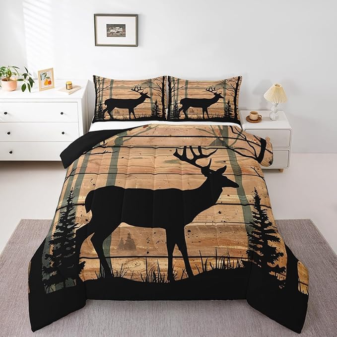 Feelyou Deer Moose Print Comforter Set Toddler for Girls Women Teens Adult, Kids Boys Bear Hunting Theme Bedding Set, Forest Wild Animal Comforter Soft Quilt Set, with 1 Pillowcase 2Pcs Bedding