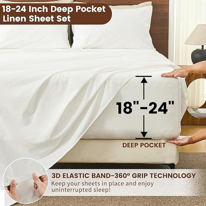 Bedlifes 100% French Linen Sheets King Size 18-24”Extra Deep Pocket 4-Piece Set Breathable & Moisture-Wicking,Soft & Durable Sheets for Thick Mattresses(White)