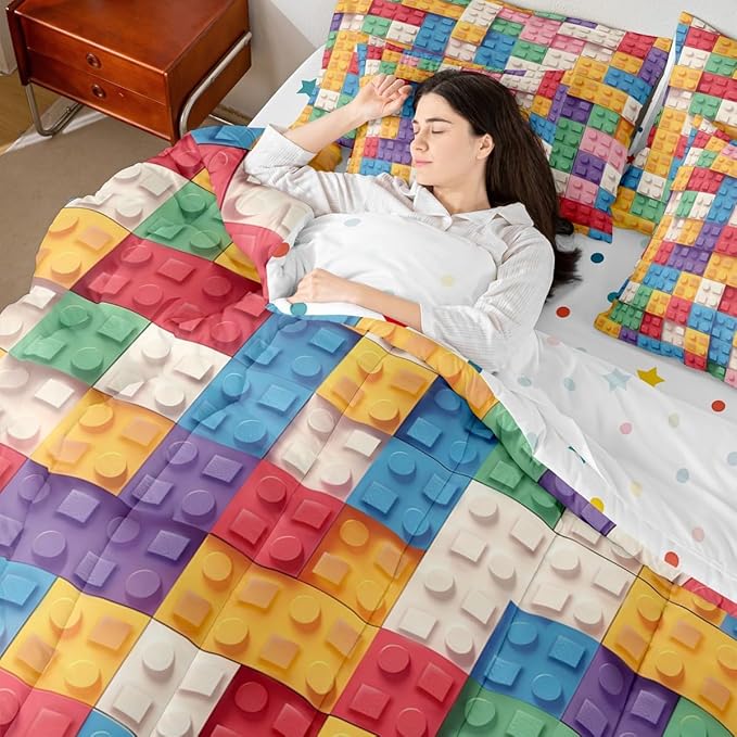Feelyou Building Block Print 7 Piece Bedding Set Full Size Kids Brick Styles Comforter Set with Sheets for Boys Teens Colorful Gaming Bed in a Bag Green Red Yellow Blue Room Decor