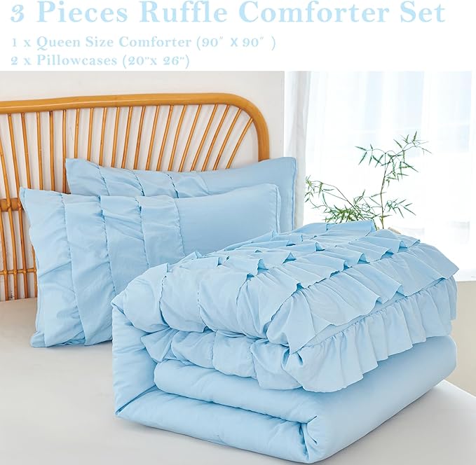 PERFEMET Ruffles Comforter Set 3 Pieces Light Blue Queen Comforter Set Shabby Chic Bedding Sets for Women Teen Girls Fluffy for All Season