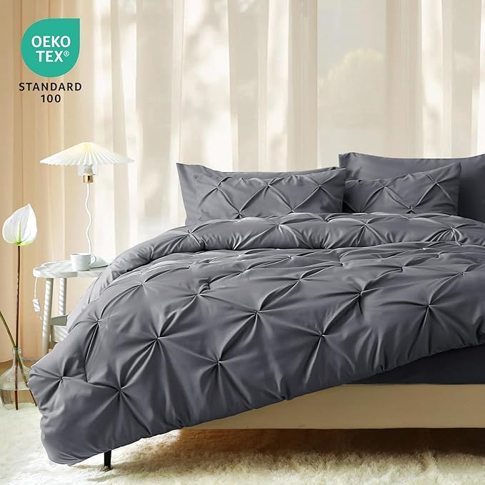 JOLLYVOGUE Full Size Comforter Sets 7 Pieces - Bed in a Bag Full for All Season, Pintuck Bedding Comforter Sets with Comforter, Flat Sheet, Fitted Sheet and Pillowcases & Shams, Grey