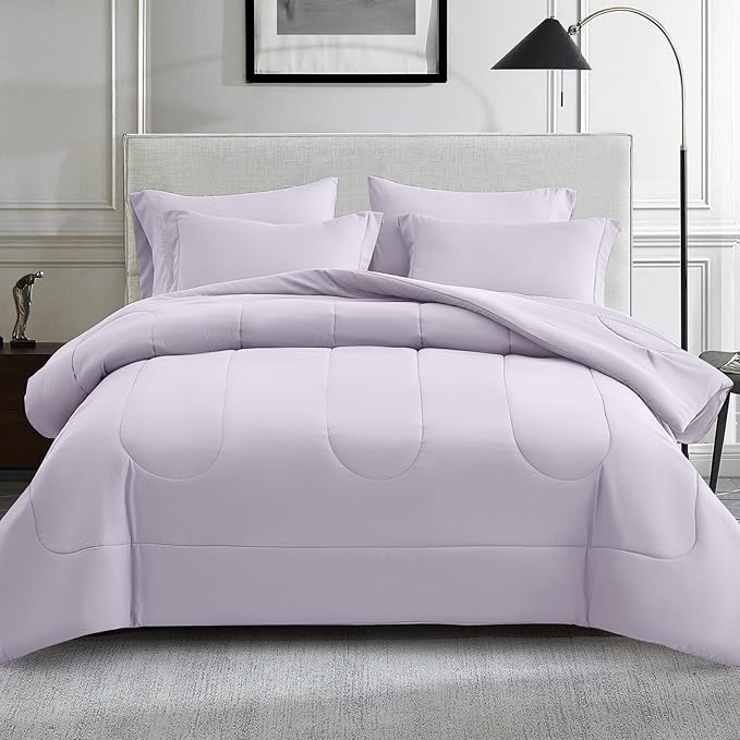 Maple&Stone Lavender Comforter Set King, 7 Pieces Bed in a Bag Light Purple - Lightweight Bedding Set with Comforter, Sheets, Pillowcases & Shams, Lilac Purple