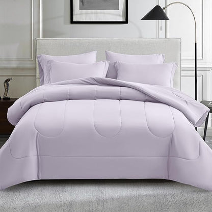 Maple&Stone Lavender Comforter Set King, 7 Pieces Bed in a Bag Light Purple - Lightweight Bedding Set with Comforter, Sheets, Pillowcases & Shams, Lilac Purple