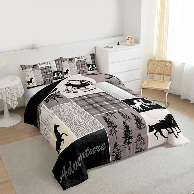 Erosebridal Western Horse Comforter Set, Rustic Farmhouse Quilt Queen, Southwest Riding Boots Horseshoe Bedding, Geometric Grid Plaid Patchwork Bedding Comforter Sets Cabin Decor for Bedroom, Brown