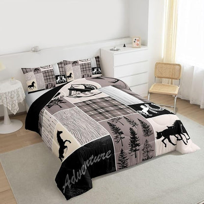 Erosebridal Western Horse Comforter Set, Rustic Farmhouse Quilt King, Southwest Riding Boots Horseshoe Bedding, Geometric Grid Plaid Patchwork Bedding Comforter Sets Cabin Decor for Bedroom, Brown