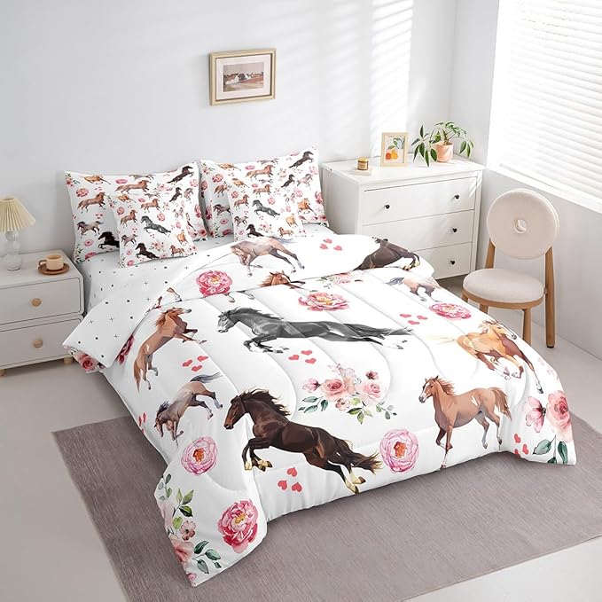 Erosebridal 7 Pcs Horse Comforter Set Full Size,Romantic Cowboy Cowgirl Bed in a Bag with Flat Sheet and Fitted Sheet for Kids and Adults,Pink Rose Horse Bedding Set with Pillowcases and Cushion Cases