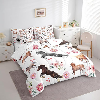 Erosebridal 7 Pcs Horse Comforter Set Full Size,Romantic Cowboy Cowgirl Bed in a Bag with Flat Sheet and Fitted Sheet for Kids and Adults,Pink Rose Horse Bedding Set with Pillowcases and Cushion Cases