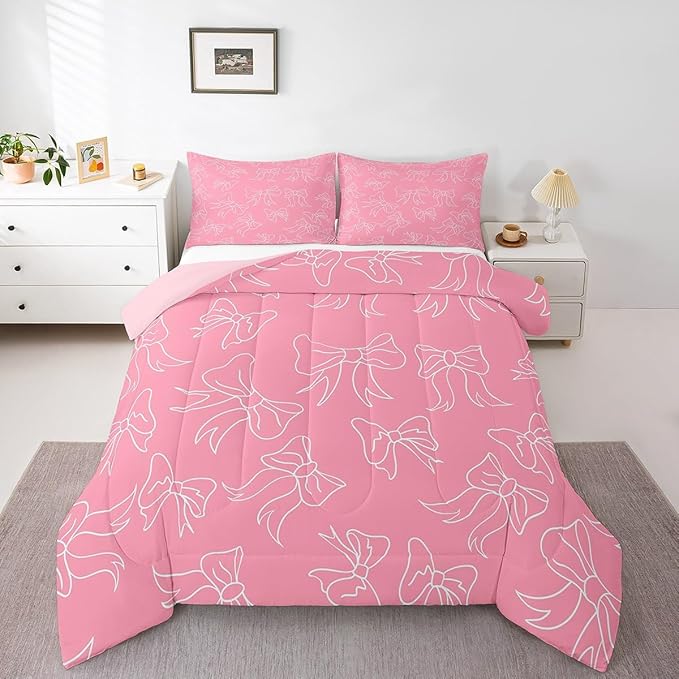 Feelyou Cute Bowknot Bedding Set Boys Girls Queen Size Pink Girls Bow Comforter Set Ultra Soft Bow and Stripes Comforter Kawaii Duvet Set
