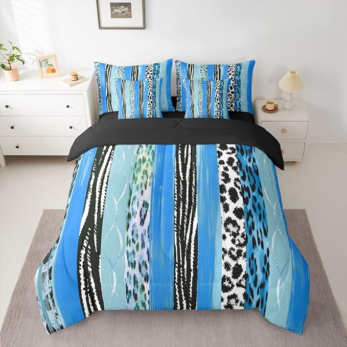 Erosebridal White Blue Animal Skin Pattern Geometric Comforter Set Queen Size 7 Pieces | Leopard Print Stripe Bed in A Bag Women Men Adults Bed Set Cheetah Fur Bedding