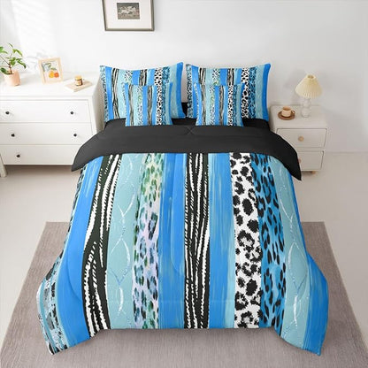 Erosebridal White Blue Animal Skin Pattern Geometric Comforter Set Queen Size 7 Pieces | Leopard Print Stripe Bed in A Bag Women Men Adults Bed Set Cheetah Fur Bedding