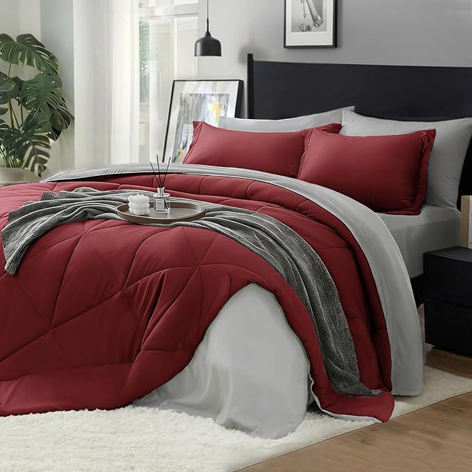BEDELITE Twin XL Comforter Set 5 Pieces Bed in A Bag - Soft Microfiber Reversible Twin Extra Long Burgundy Bed Set with Comforters, Sheets, Pillowcase & Sham, Cozy Bedding Sets for College Dorm Room