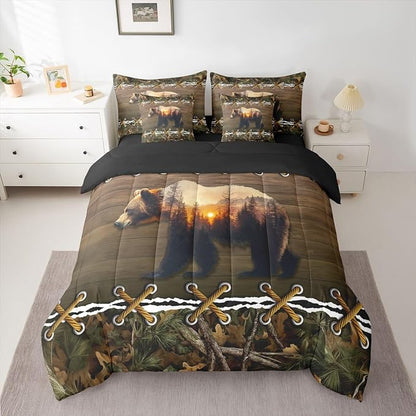 Camo Full Size Bed Sheets and Comforter Set | Brown Bear 7 Piece Bedding Set Mens Country Bed in a Bag, Farmhouse Woodland Animals Hunting Room Decor,Camouflage Rustic Cabin Decor Camo Bed Set