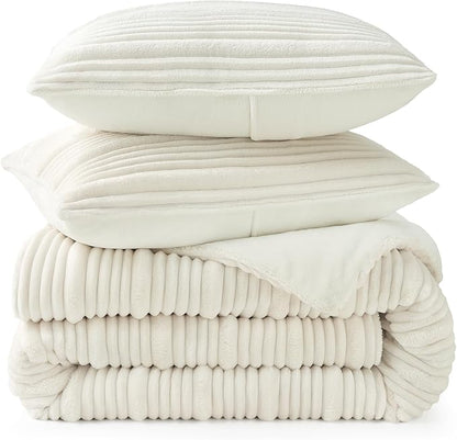 Amélie Home Premium Fleece King Size Comforter Set,Soft Fuzzy Striped Flannel Bedding Set for Winter, 3 Pieces, 1 Cozy Comforter with 2 Pillowcases, Ivory, 106"x90"