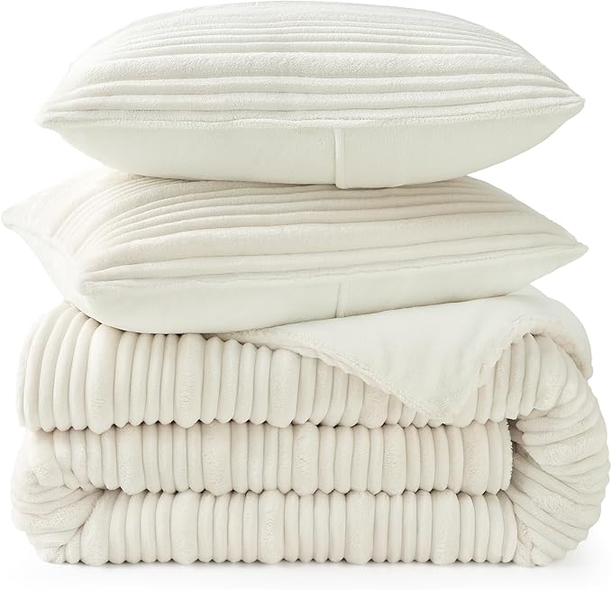 Amélie Home High-End Fleece Twin Comforter Set,Cozy Warm Striped Plush Bedding Set for Winter, 3 Pieces, 1 Cozy Comforter with 2 Pillowcases, Beige, 68" x90