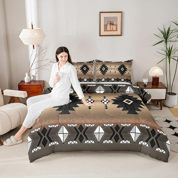 Erosebridal Western Aztec Bedding Set for Boys, Native Tribal Ethnic Comforter Set Toddler Size Farmhouse Boho Geometric Duvet Insert Southwestern Ethnic American Native Quilt for Adult, Brown Black