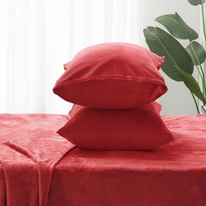 BEDELITE Flannel Sheets Full Size Red - Super Soft Fleece Sheets Set Fluffy Extra Plush, 4 Piece(Include Fitted Sheet, Flat Sheet, 2 Pillowcases)