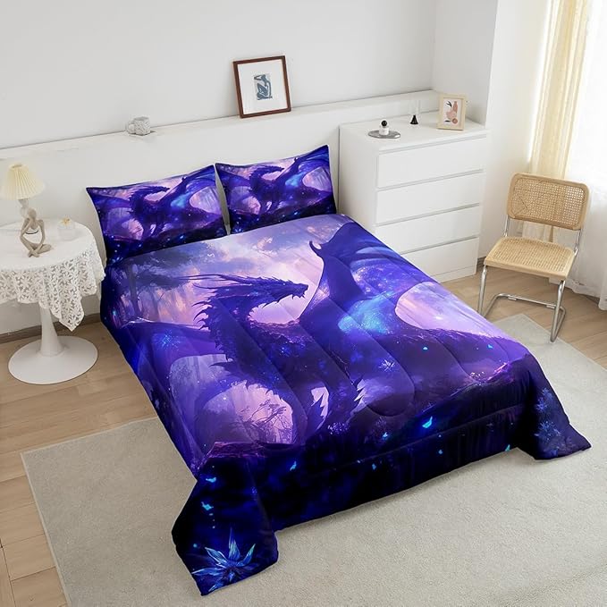 Feelyou Dragon Comforter Set - Toddler Size Jungle Dragon Bedding Set for Boys & Girls - Purple Quilt Set with Wild Animal Duvet Set