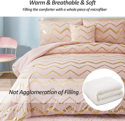 Menghomeus Pink Comforter Set King Size Metallic Blush and Rose Gold Bed Comforter 4 Piece Soft Microfiber Bedding for Teen Girls Women (2 Pillow Shams + 1 Decorative Pillow Sham)
