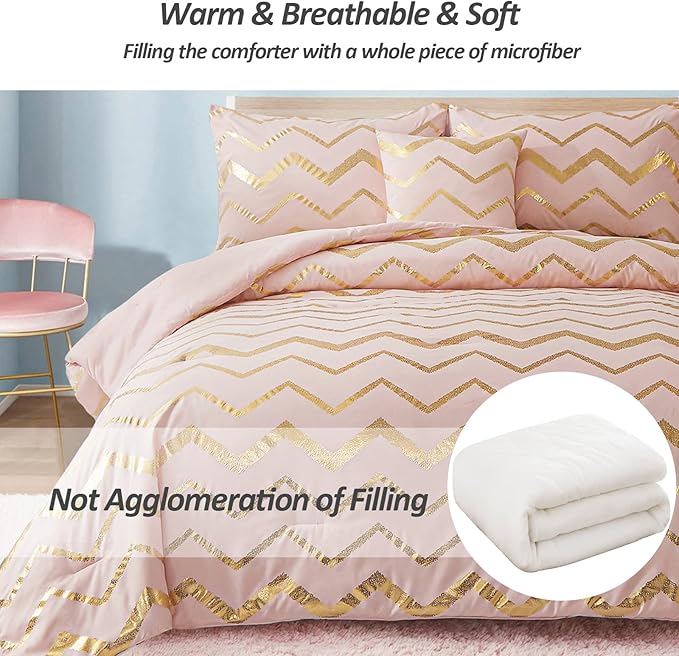 Menghomeus Pink Comforter Set Queen/Full Size Metallic Blush and Rose Gold Bed Comforter 4 Piece Soft Microfiber Bedding for Teen Girls Women (2 Pillow Shams + 1 Decorative Pillow Sham)