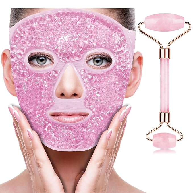 ZNÖCUETÖD Ice Face Facial Jade Roller and Ice Face Mask Cold Cooling Gel Mask Gift Set for Women Aging Wrinkles Lifting Firming Puffy Eyes, Eye Face Neck Roller Massager SPA Tools