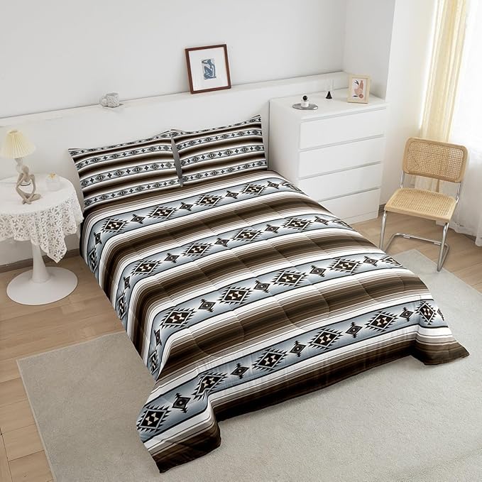 Erosebridal Rustic Boho Comforter Set Toddler Bohemian Western Aztec Stripes Bedding Set Southwest Ethnic Tribal Mexican Down Comforter for Kids Adults Southwestern Farmhouse Cabin Quilt Duvet 2 Pcs