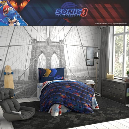 Sonic The Hedgehog 3 Movie Kids Bedding Super Soft Comforter and Sheet Set, 4 Piece Twin Size, (Officially Licensed Product) by Franco | Durable, Reversible, Officially Licensed