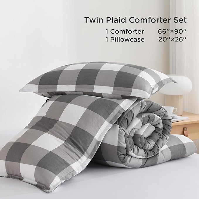 Andency Plaid Comforter Twin(66x90Inch), Gray White Checkered Gingham Buffalo Bed Set for Boys Teens, Lightweight Bedding, 2 Pieces(1 Comforter & 1 Pillowcase)