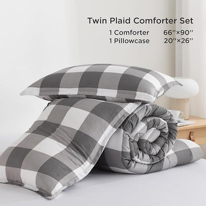 Andency Plaid Comforter Twin(66x90Inch), Gray White Checkered Gingham Buffalo Bed Set for Boys Teens, Lightweight Bedding, 2 Pieces(1 Comforter & 1 Pillowcase)