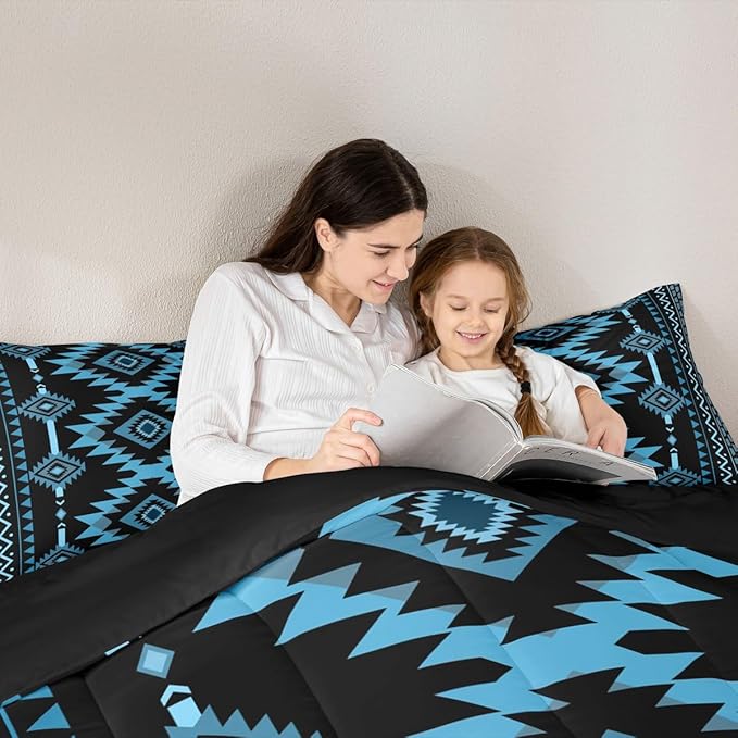 Feelyou Blue Black Southwestern Comforter Set Tribal Native American Indian Bedding Set Full Size Farmhouse Western Room Decor Duvet Quilt
