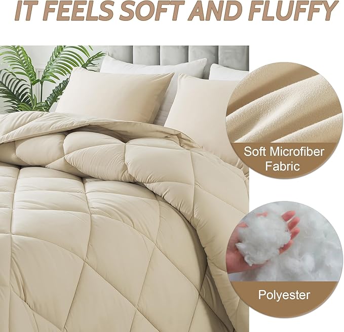 Decroom Lightweight King Comforter Set with 2 Pillow Sham - 3 Pieces Set - Quilted Down Alternative Comforter/Duvet Insert for All Season - Beige - King Size