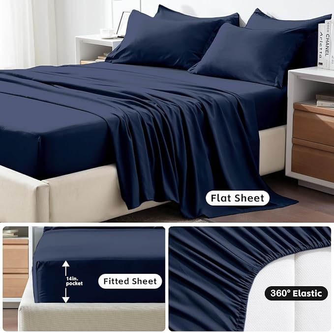 COZYART Full Comforter Set 7 Pcs, Navy Blue Bed in a Bag, All Season Lightweight Soft Reversible Bedding Set, 1 Comforter, 1 Flat Sheet, 1 Fitted Sheet, 2 Pillow Shams, 2 Pillowcases
