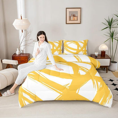 Erosebridal Yellow and White Abstarct Toddler Bedding Set,Aesthetic Geometric Comforter Set for Minimalists,Graffiti Stripes Lines Quilt,Contemporary Boho Modern Art Duvet Insert for Minimalism