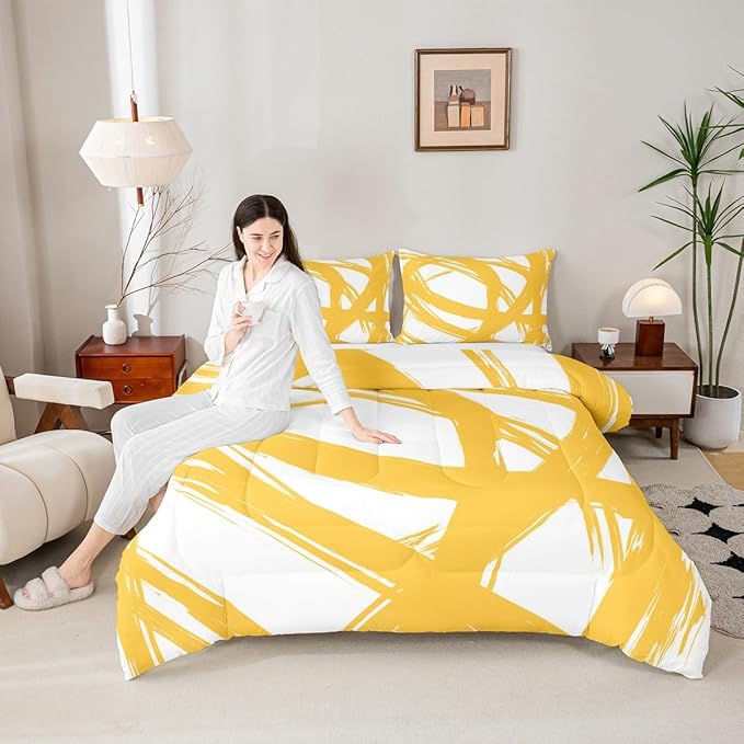 Yellow and White Striped Bedding Set Full Size for Adults Youth Teens,Contemporary Boho Modern Art Comforter Set,Graffiti Stripes Lines Quilt,Aesthetic Geometric Duvet Insert for Minimalists