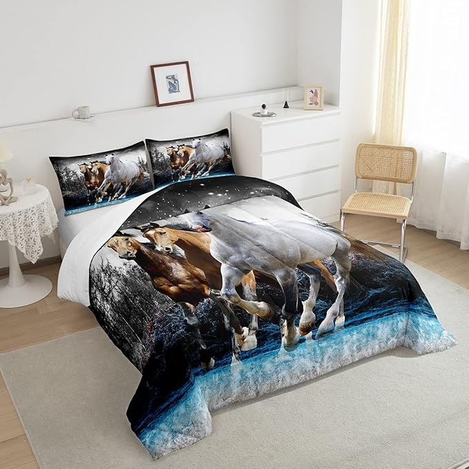 Feelyou Horse Comforter Set Galloping Horse Bedding Set for Kids Boys Girls Wildlife Comforter Farm Animal Quilt Set 1 Comforter Set with 2 Pillowcases Full Size