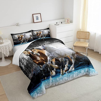Feelyou Horse Comforter Set Galloping Horse Bedding Set for Kids Boys Girls Wildlife Comforter Farm Animal Quilt Set 1 Comforter Set with 2 Pillowcases King Size