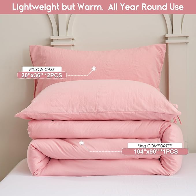 Blush Light Pink King Size Down Comforter, Super Soft Washed Polycotton Fabric, Cozy Comfy Down Alternative Bed Blanket Comforter Set and Pillowcase Lightweight but Warm for Women All Season