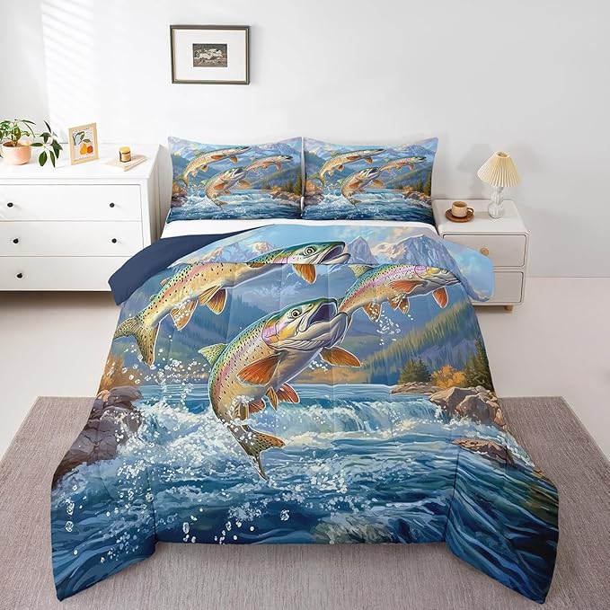 Erosebridal Fishing Theme King Bedding Set,Big Pike Bass Fish Comforter Set for Kids Boys Men,Rustic Mountain Comforter,Lake House Country Bedroom Room Decor,2 Pillowcases Lightweight