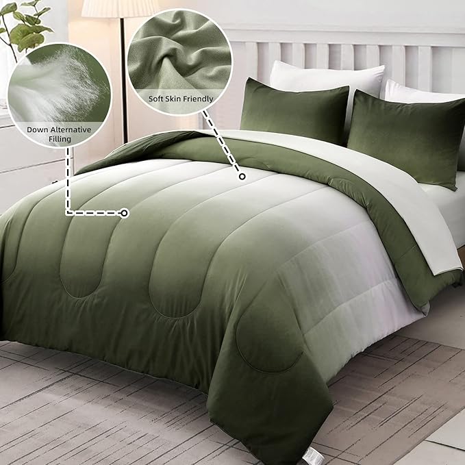 7 Pieces Olive Green King Comforter Set - Lightweight Gradient Dark Green Bed in a Bag Set, All Season Down Alternative Complete Bedding Set with Flat/Fitted Sheet, 2 Pillowcases and 2 Pillow Shams