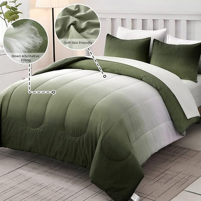 7 Pieces Olive Green King Comforter Set - Lightweight Gradient Dark Green Bed in a Bag Set, All Season Down Alternative Complete Bedding Set with Flat/Fitted Sheet, 2 Pillowcases and 2 Pillow Shams