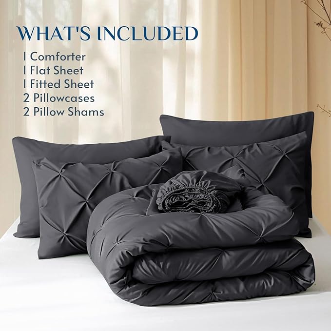 JOLLYVOGUE Full Size Comforter Sets 7 Pieces - Bed in a Bag Full for All Season, Pintuck Bedding Comforter Sets with Comforter, Flat Sheet, Fitted Sheet and Pillowcases & Shams, Dark Grey