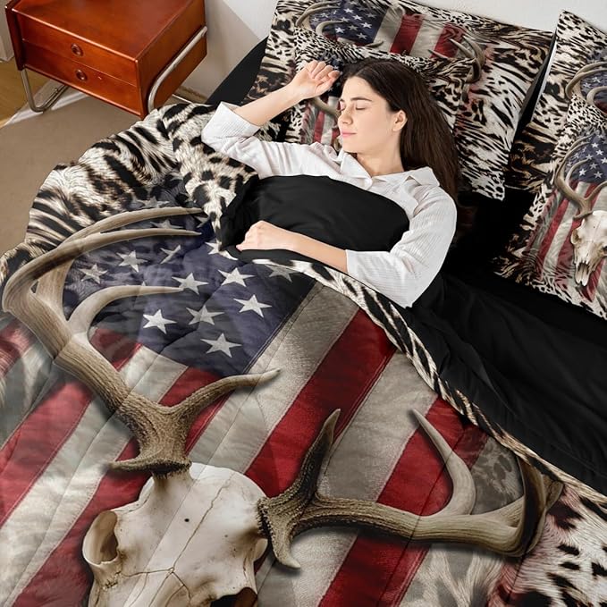 Erosebridal Deer Skull 7 Pcs Comforter Set Queen Size,Hunting Deer Bed in a Bag for Kids Boys Girls,Cheetah Leopard Print Sheet Set,Abstract American Flag Quilt Set,Africa Wild Animals Bedding Set